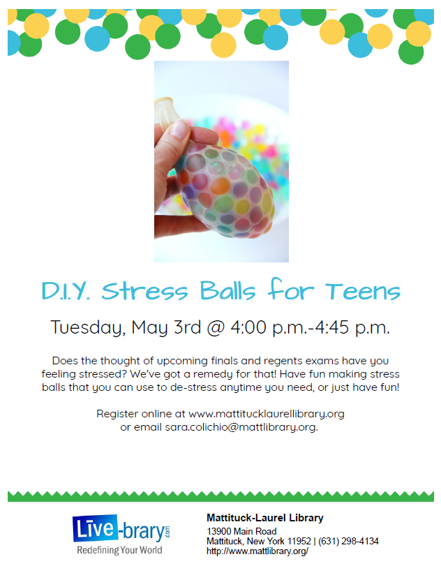 Does the thought of upcoming finals and regents exams have you feeling stressed? We've got a remedy for that! Have fun making stress balls that you can use to de-stress anytime you need, or just have fun!