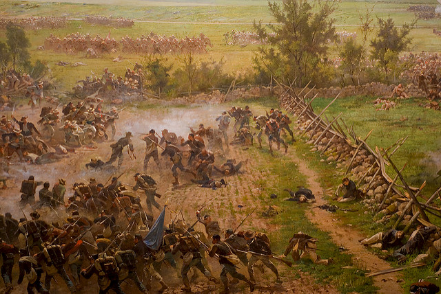 Pickett's Charge. Confederate soldiers are trapped in the crossfire.