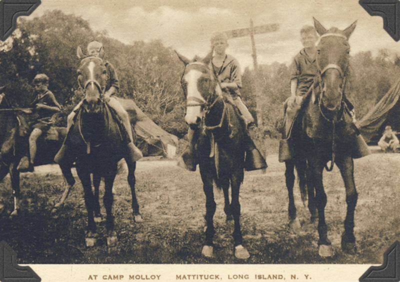 3 boys on horses at Camp Molloy, Mattituck, Long Island, NY