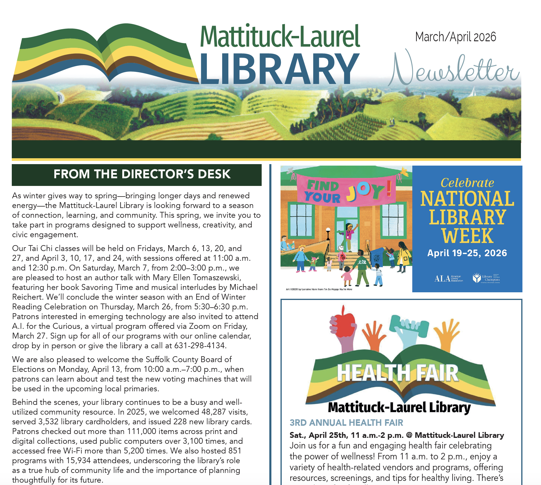 march april 2026 page 1 of library newsletter