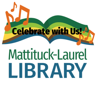library logo open book text says mattituck laurel library celebrate with us