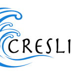 CRESLI black text on white background with blue wave