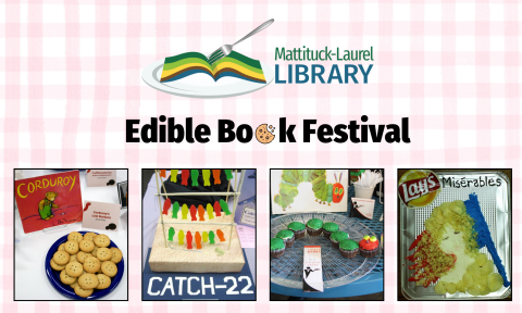 Edible Book Festival banner featuring pink gingham background with pictures of edible book entry examples