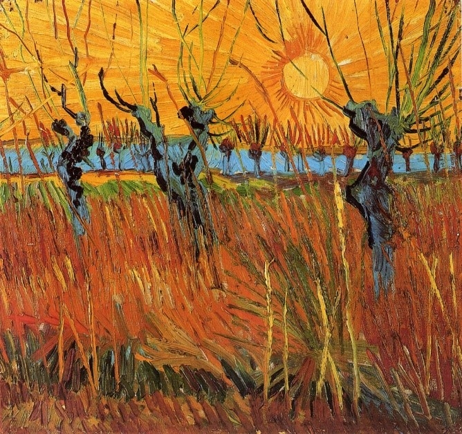painting of sun trees and water
