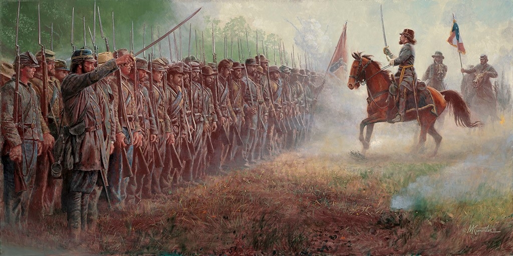 Confederate troops form a battle line in the morning mist to prepare for Pickett's charge.