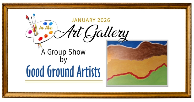 A framed poster announcing a January 2026 art gallery show with a small abstract landscape painting on the right.